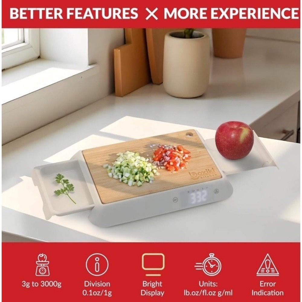 Boxiki 3-1 Bamboo Cutting Board with SlideOut Digital Food Scale & Storage Tray‎